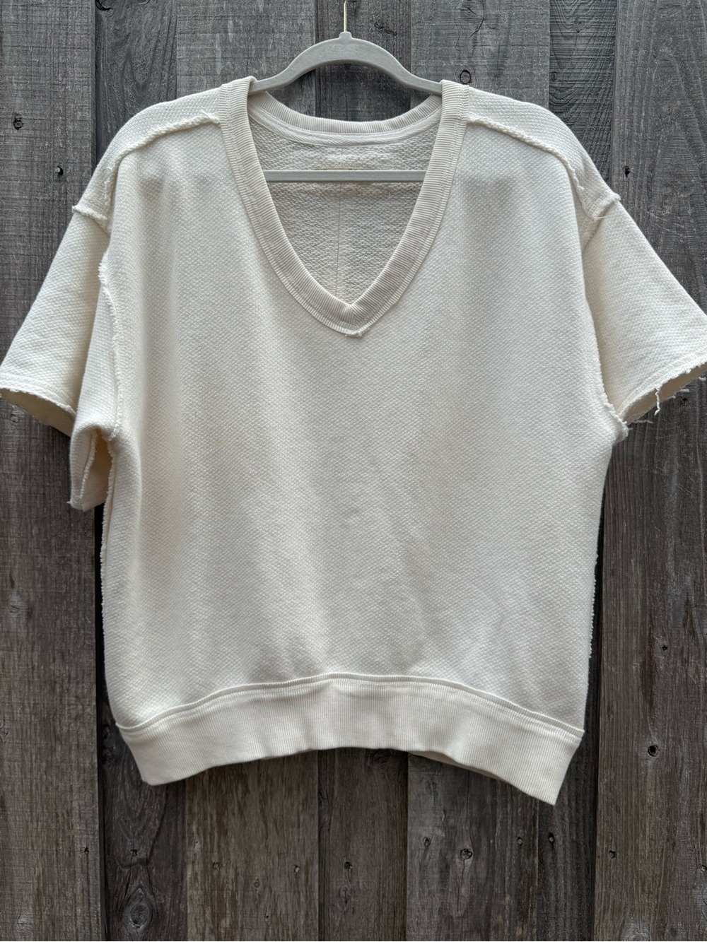 Free People So Easy Cotton Sweatshirt Ivory V Neck Raw Hem M